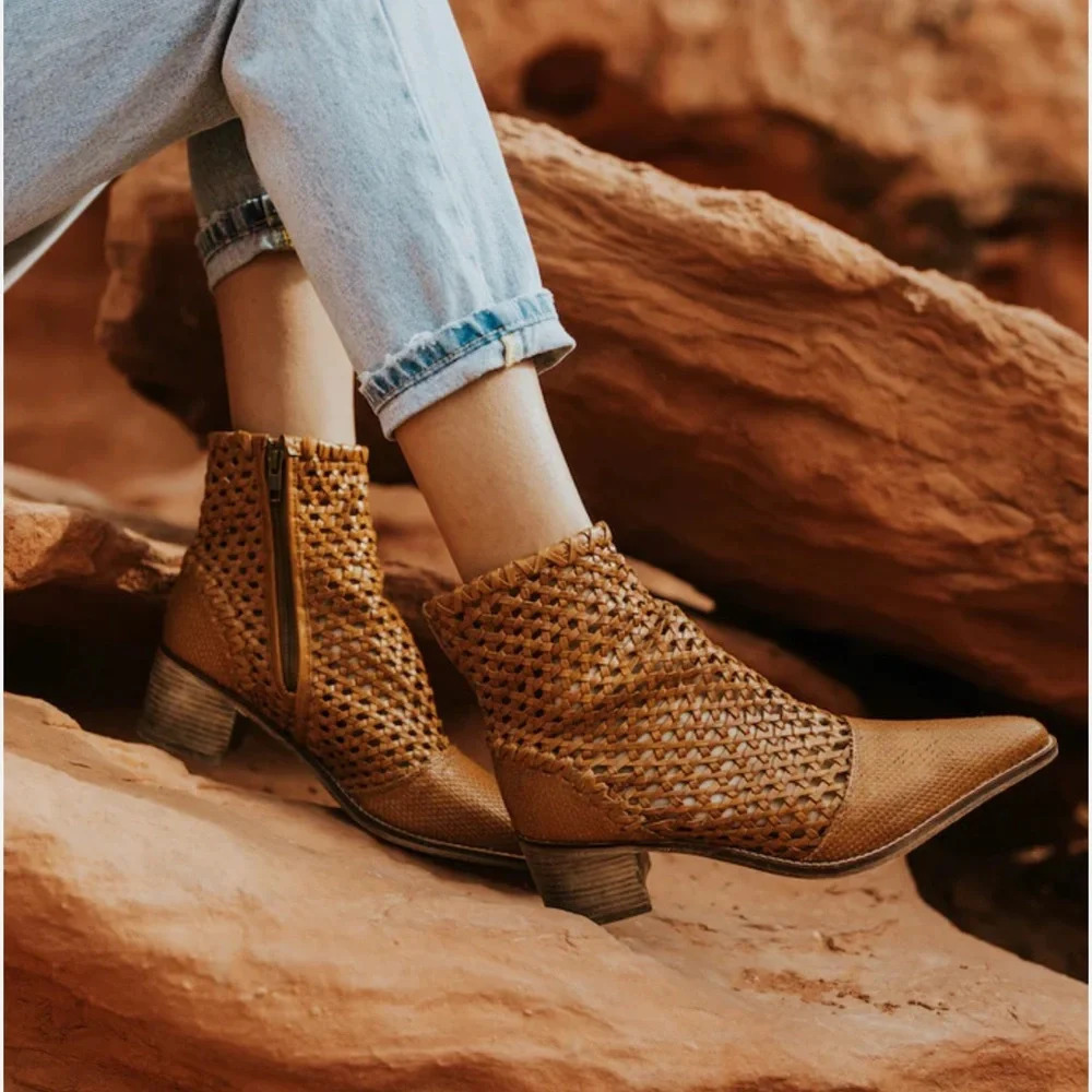 Free People In The Loop Brown Leather Boho Woven Pointed Toe Ankle Booties 36.5